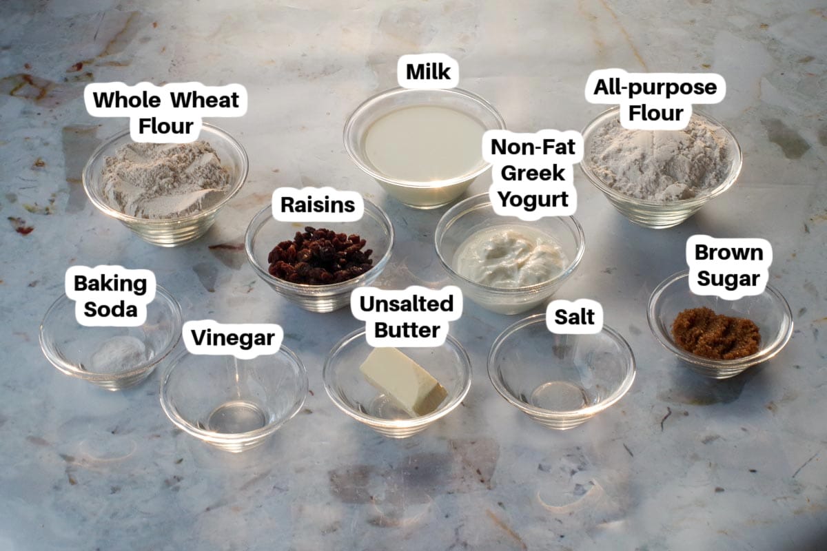 Healthy Irish Soda Bread Muffin ingredients in glass bowls, labelled.