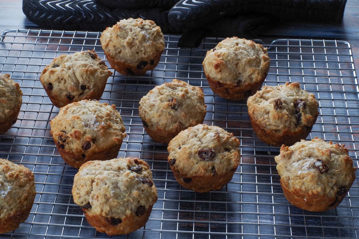 Healthy Irish Soda Bread Muffins on a cooling rack. 