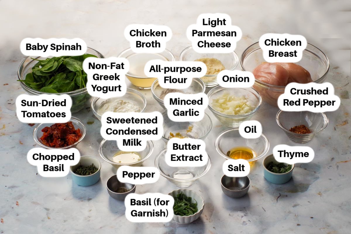 Ingredients in Healthy Marry Me Chicken in glass bowls, labelled.