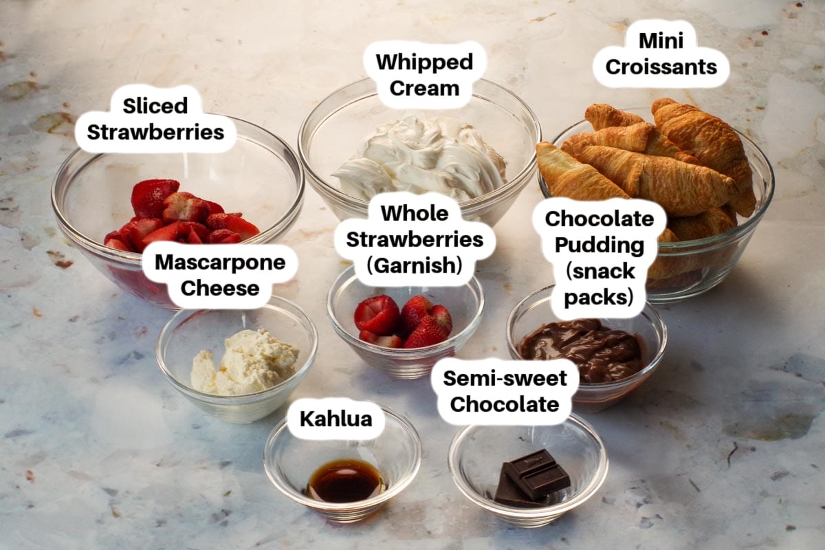 Ingredients in No Bake Tiramisu Croissant Eclairs in glass bowls, labelled.