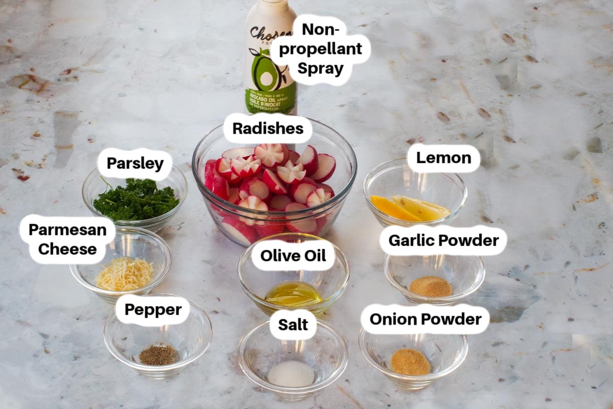 Ingredients in Air Fryer Roasted Radishes in glass bowls, labelled.
