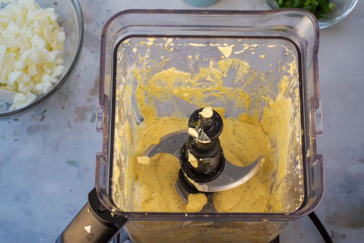 Egg yolk mixture blended in blender.