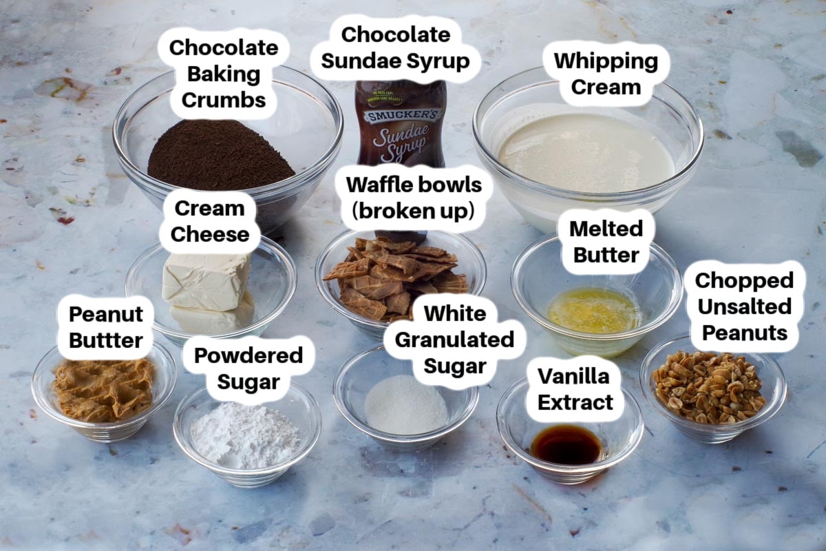 No Bake Drumstick Dessert Ingredients in glass bowls, labelled.