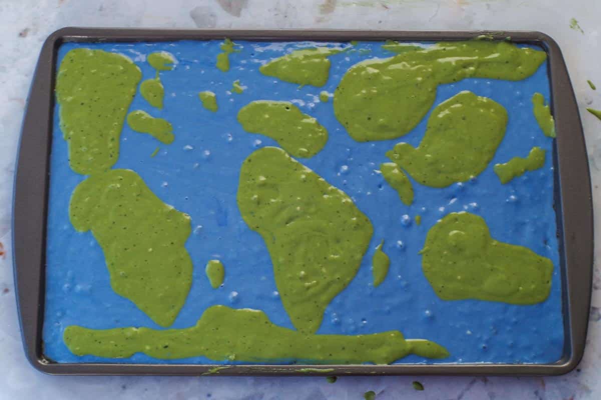 Continents filled in on Earth Day pancake world map.