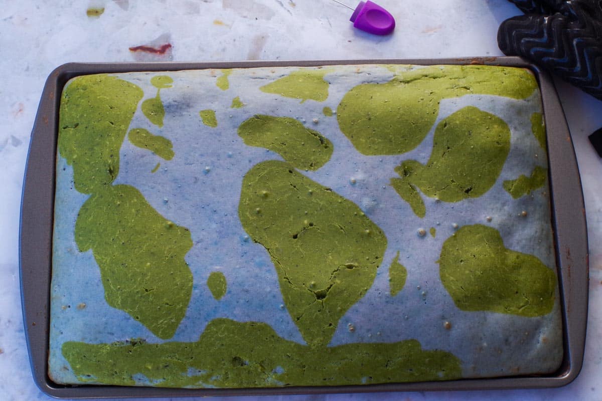 Baked Earth Day Sheet Pan Pancakes that look liek a world map.