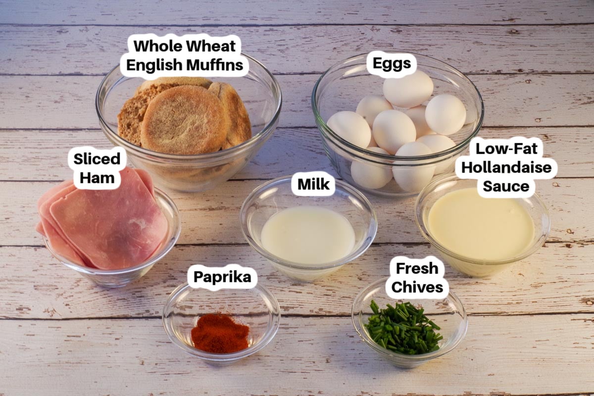 Healthy Eggs Benedict Bake ingredients in glass bowl, labelled.