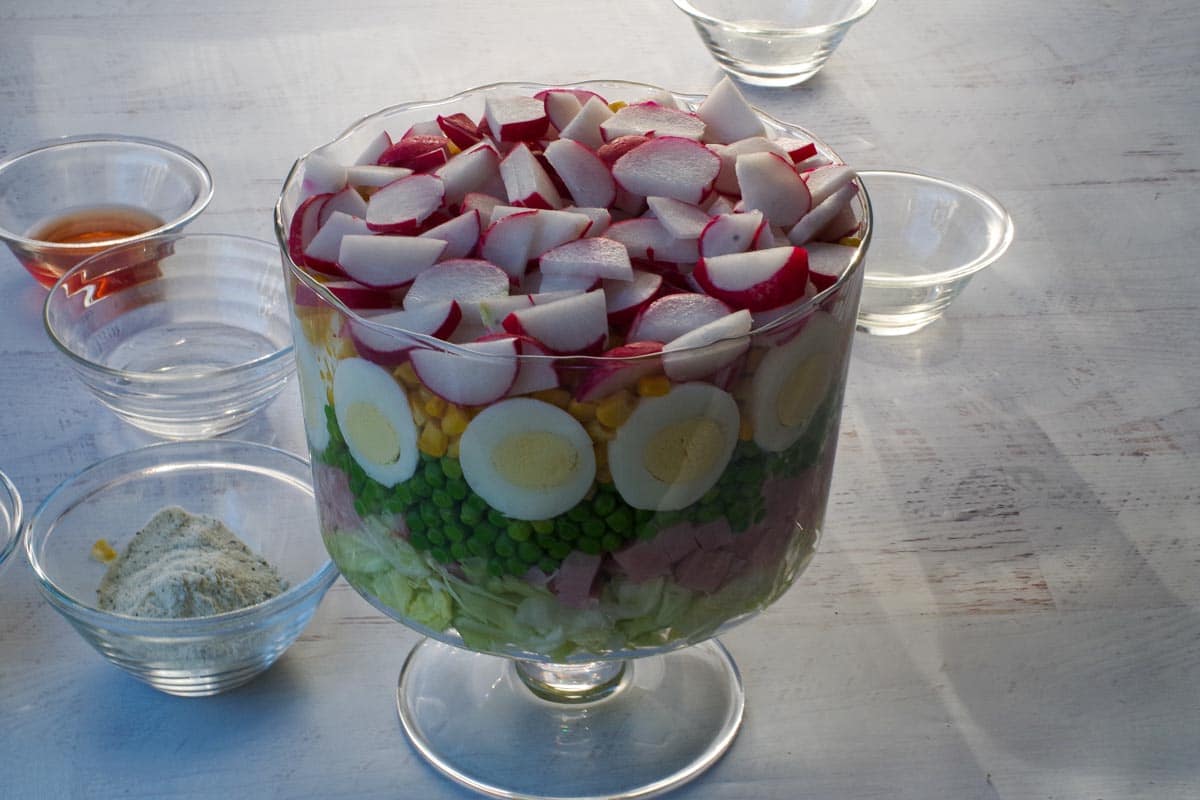 Egg slices pressed against the glass and peas, chopped eggs and corn added.