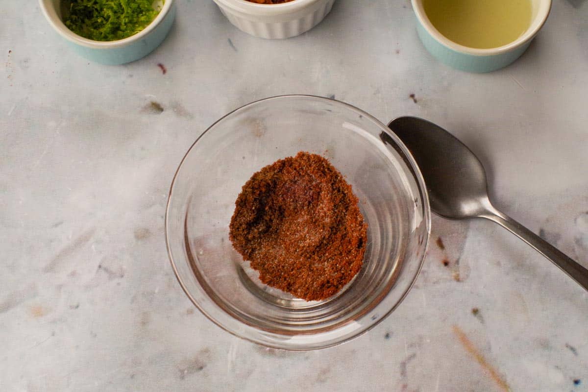 Rub ingredients mixed together in a small glass bowl.