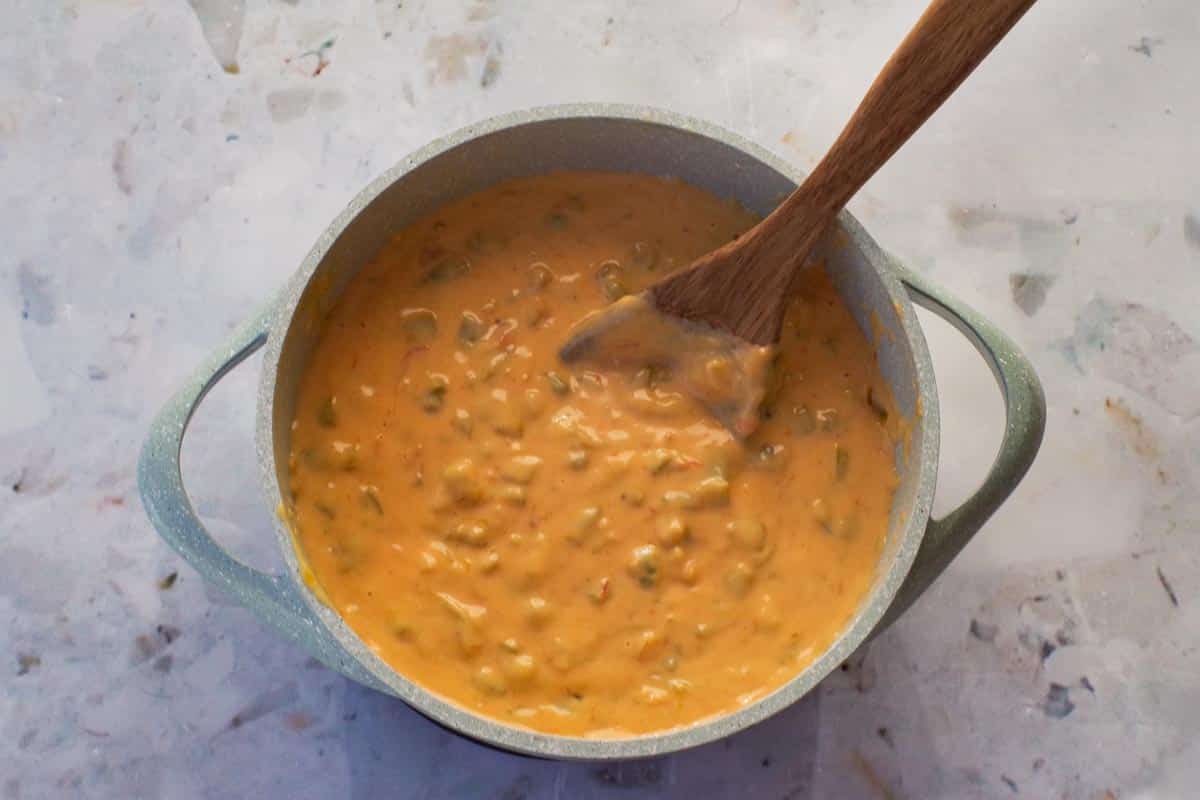 Salsa, green chilis and jalapenos folded into cheese mixture.