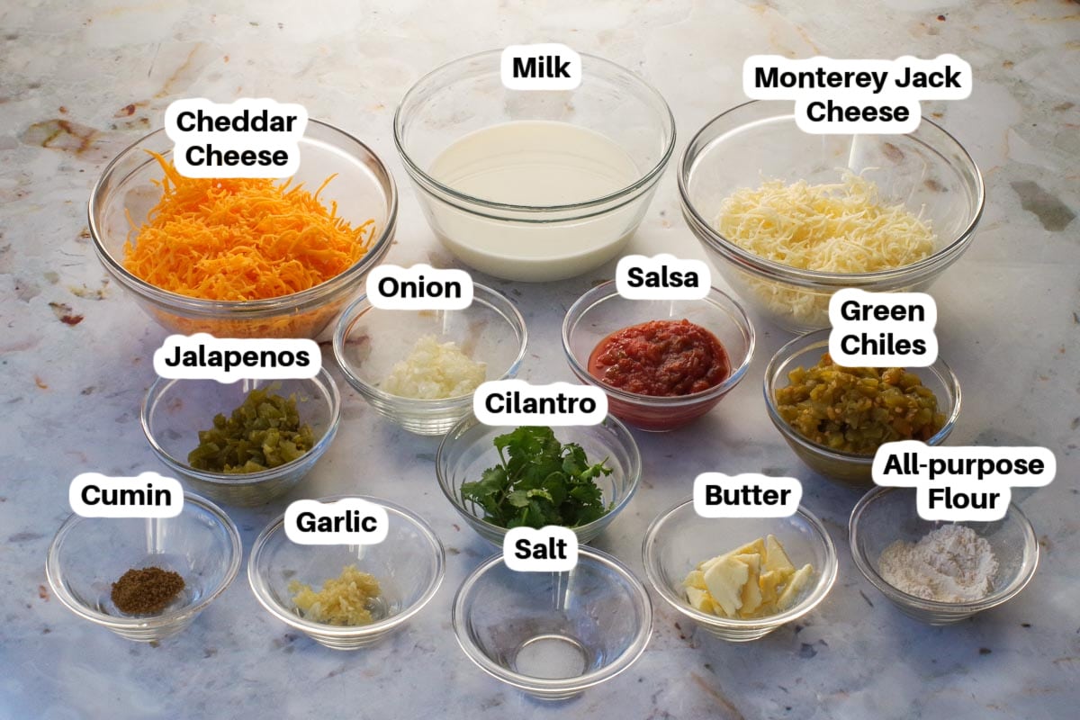 Chile Con Queso ingredients in glass bowls, labelled.