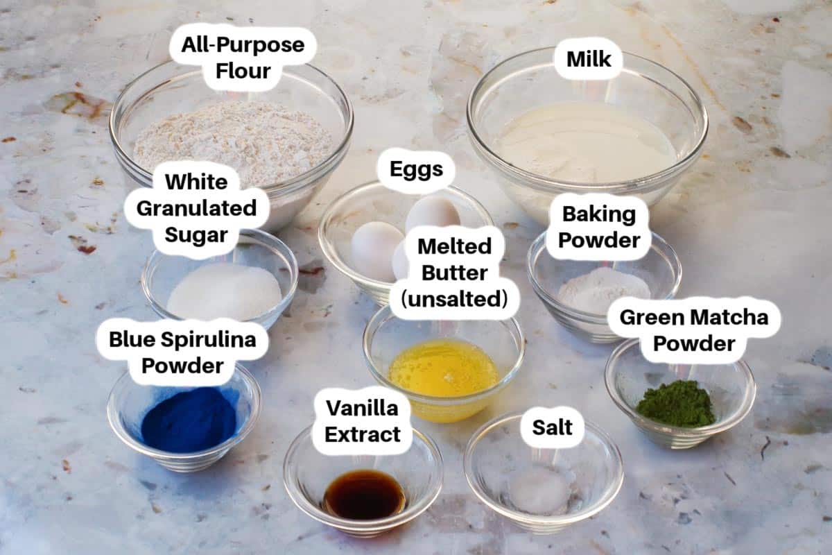 Earth Day Sheet Pan Pancake ingredients in glass bowls, labelled.