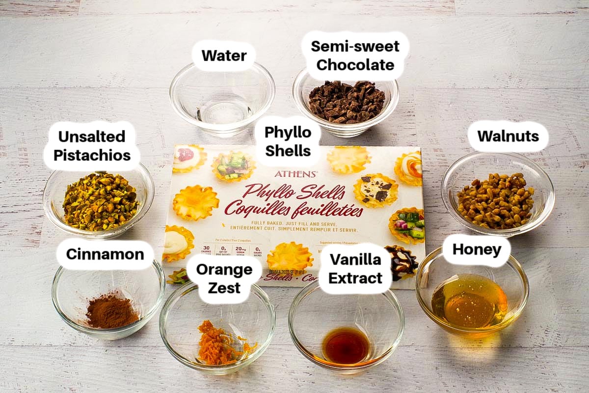 Ingredients in Chocolate Baklava Cups in glass bowls, labelled.