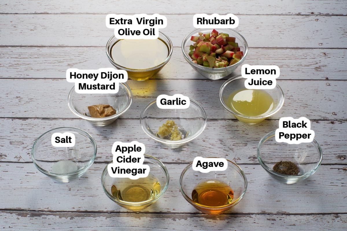Rhubarb Vinaigrette ingredients in small glass bowls.