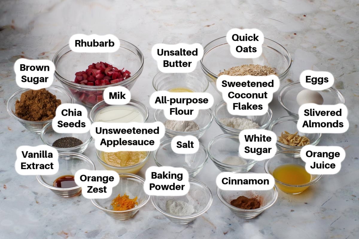 Ingredients in Rhubarb Baked Oatmeal in glass bowls, labelled.