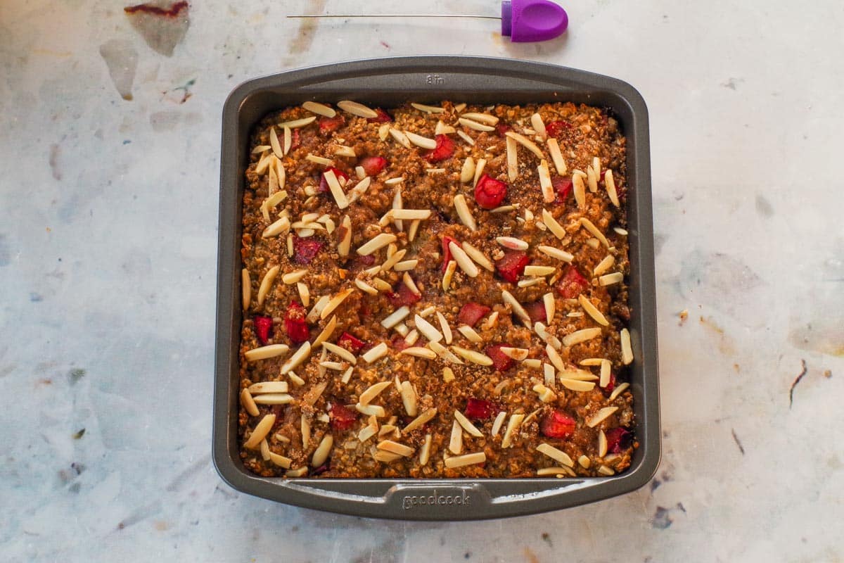 Baked Rhubarb Oatmeal in an 8x8 pan.