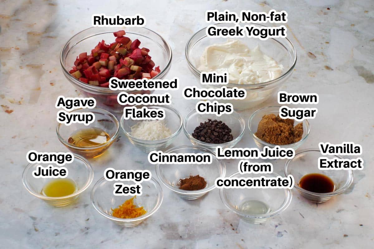 Rhubarb Frozen Yogurt Bark Ingredients in glass bowls, labelled.