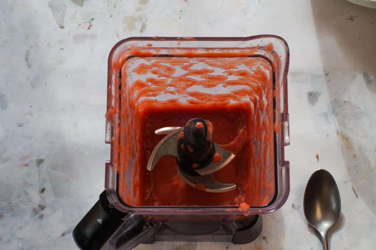 Rhubarb mixture pureed in a blender.