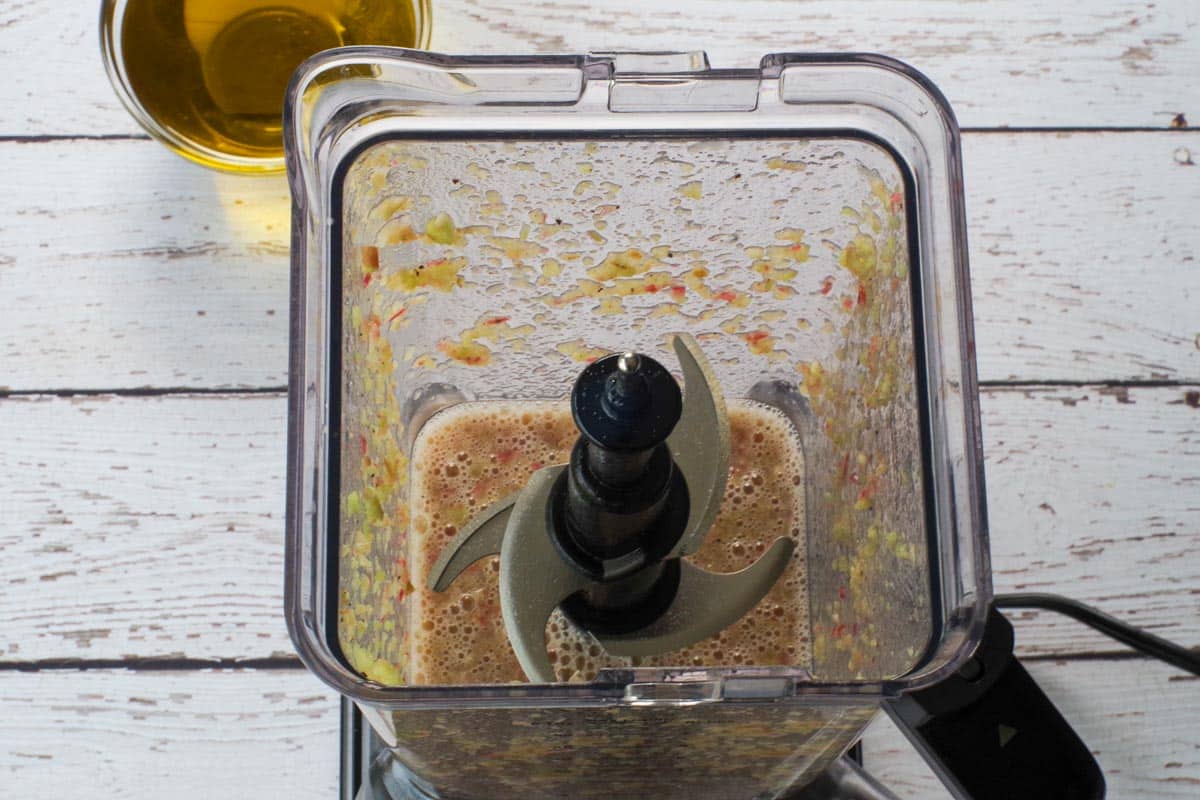 Rhubarb dressing ingredients in blender after being pulsed 5-6 times.