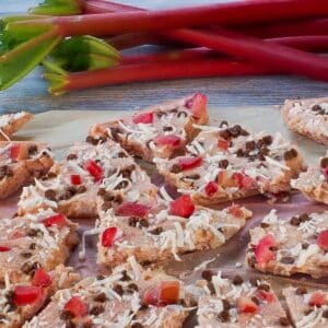 Rhubarb Frozen Yogurt Bark broken into pieces on parchment paper with rhubarb in the background.