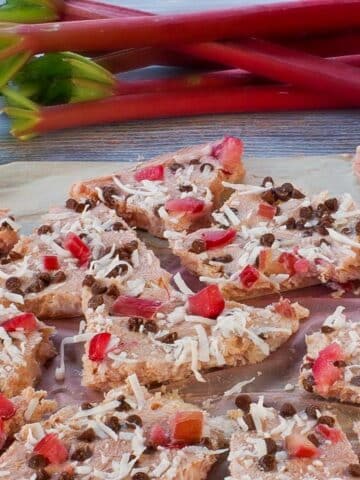 Rhubarb Frozen Yogurt Bark broken into pieces on parchment paper with rhubarb in the background.