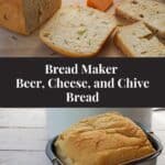 Top photo is sliced bread on cutting board with cheese and a can of beer in the background. Bottom photo is baked bread in bread machine pan.