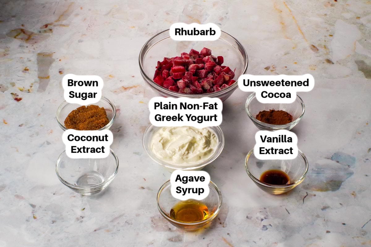Chocolate Rhubarb Popscile Ingredients in glass bowls, labelled.