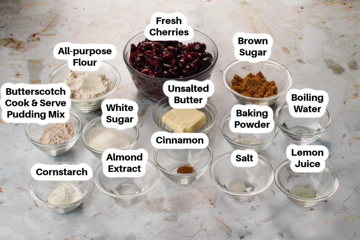 Fresh Cherry Cobbler Ingredients in glass bowls, labellled.