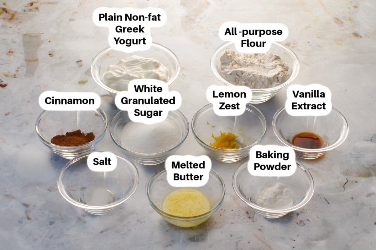 Ingredients in healthy air fryer beaver tails in glass bowls, labelled.