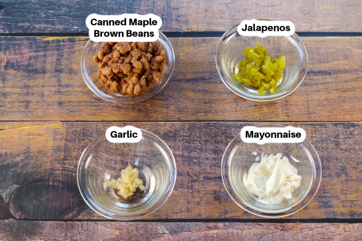 Ingredients in Maple Baked Bean Aioli in glass bowls, labelled.