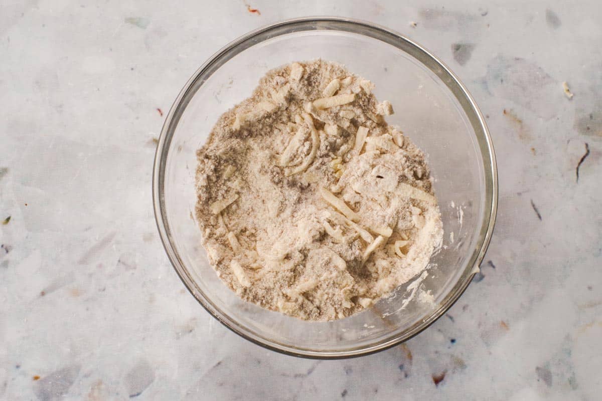 Butter mixed into dry ingredients.