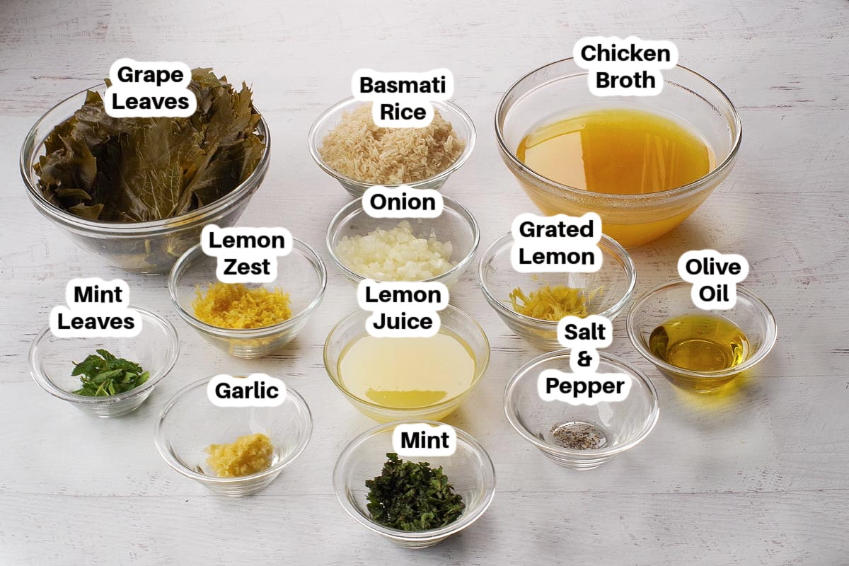 Lazy Greek Dolmades ingredients in glass bowls, labelled.