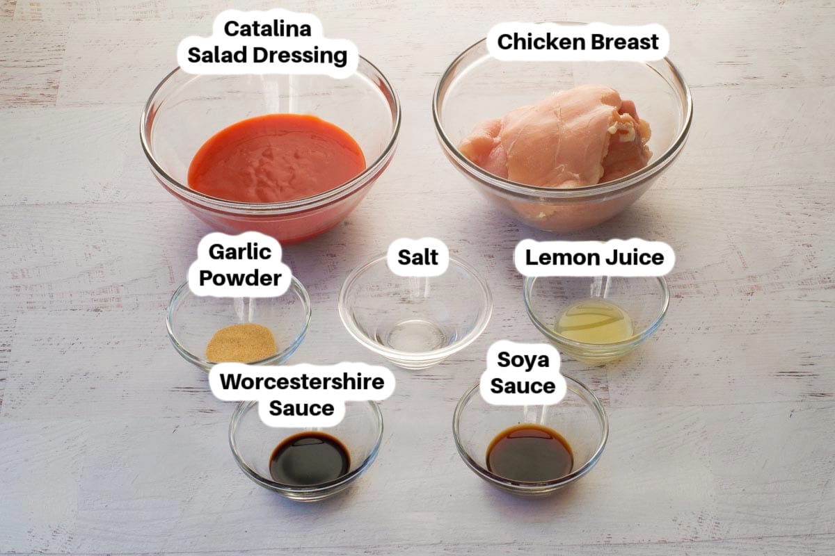 Ingredients in Bonanaza's Monterey Chicken in glass bowls, labelled.