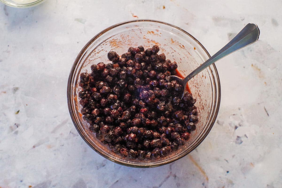 Saskatoon Berries mixed with water, lemon juice, sugars, constarch, extracts, and cinnamon in a medium glass bowl.