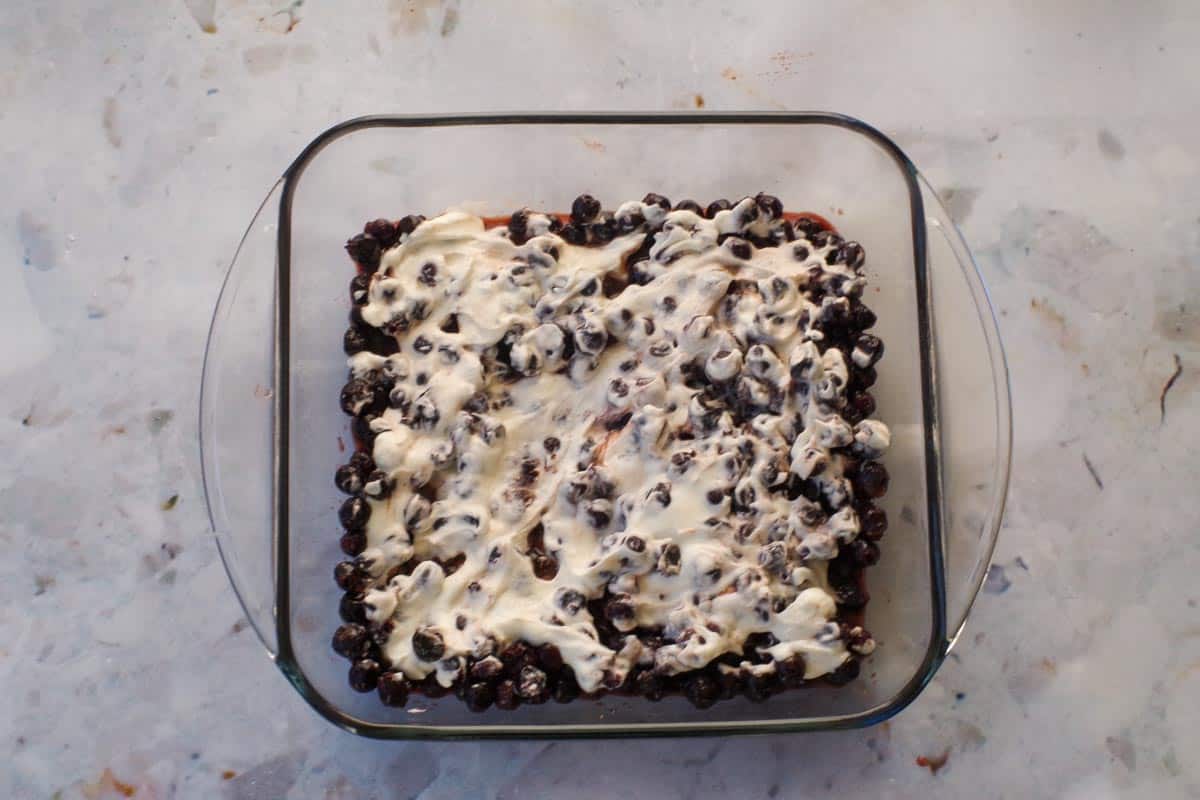 Saskatoon Berry mixture poured into an 8x8 prepared glass pan.