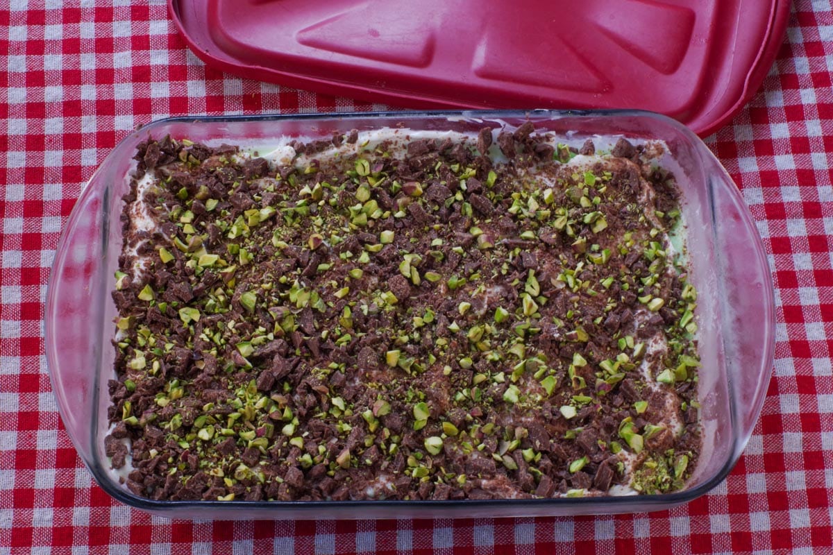 Pistachios sprinkled over dessert.