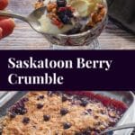In top photo, a spoonful of Saskatoon berry crumble with ice cream in front of a dish with more of the same. And in bottom photo, a square glass pan of Saskatoon Berry Crumble with some missing.
