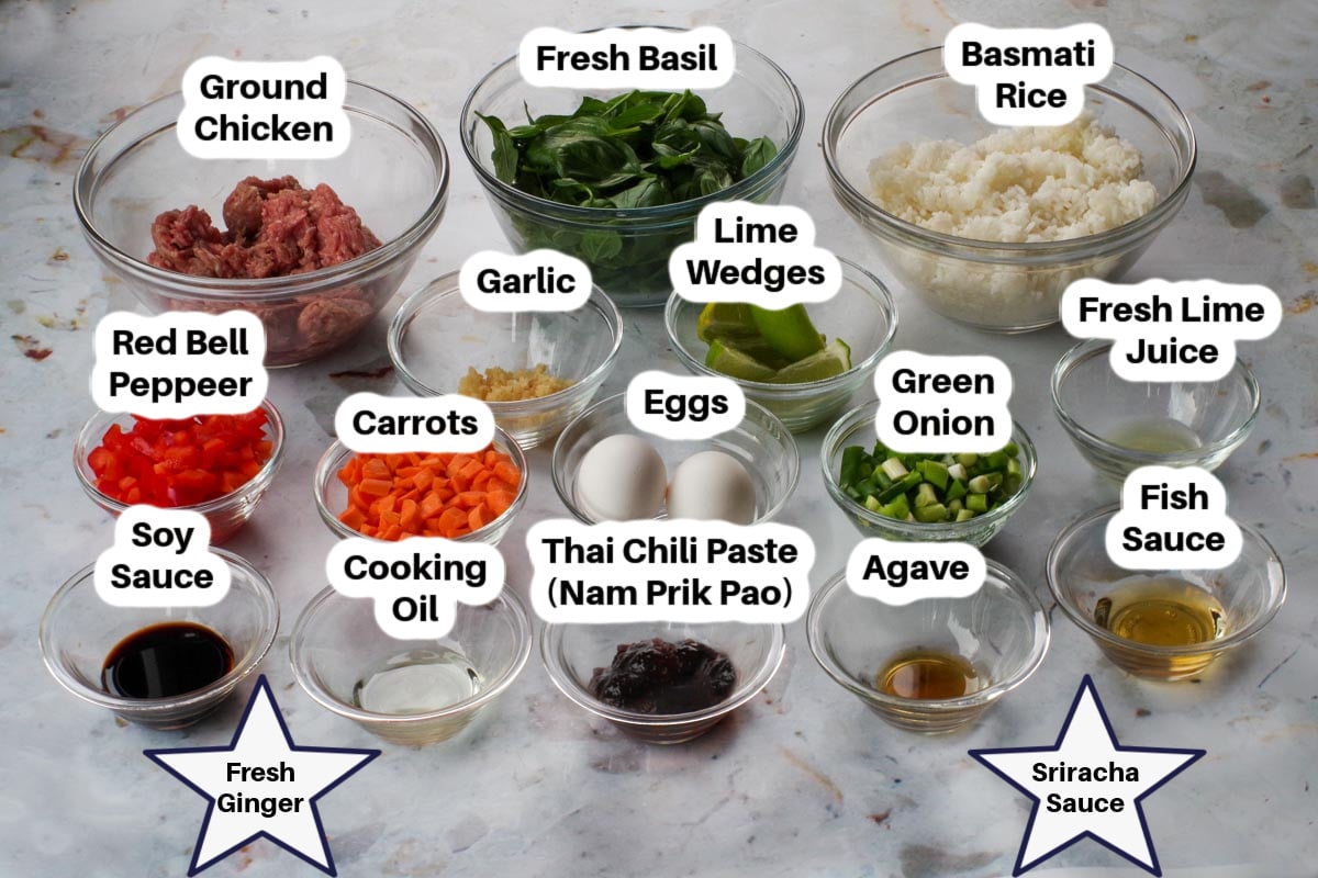Ingredients in Thai Basil Fried Rice with chicken in glass bowls, labelled.