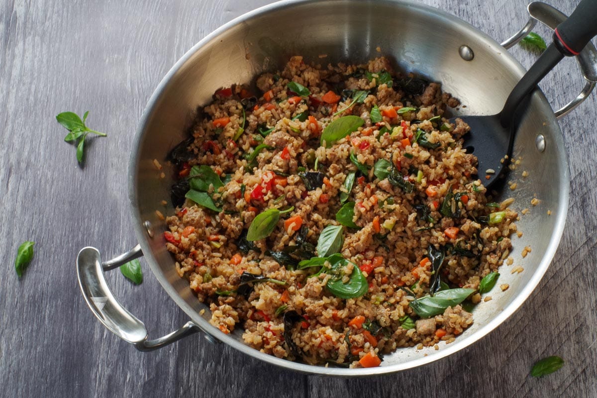 Fresh basil leaves added to Thai Basil Fried Rice.