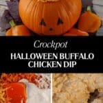 3 photos of Crockpot Halloween Buffalo Chicken Dip being made.