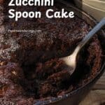Chocolate Zucchini Spoon Cake in a cast iron pan with cake missing and a spoon in that space.