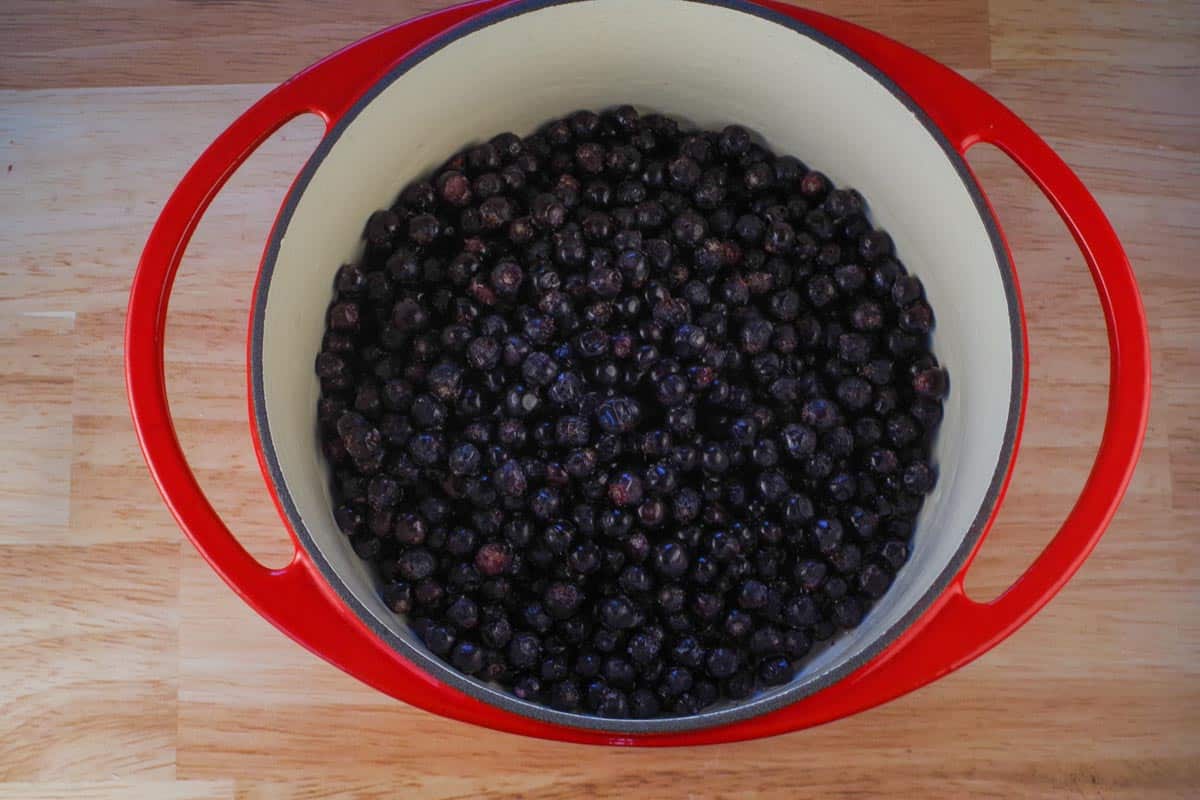 Saskatoon berries, water and lemon juice in a Dutch oven.