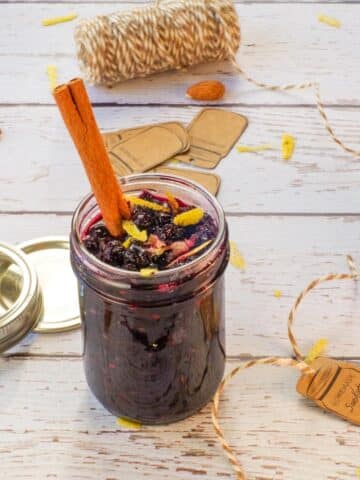 Saskatoon Berry Pie Jam in a glass jam jar with a cinnamon stick in the jar and lemon zest, surrounded by labels, and string.