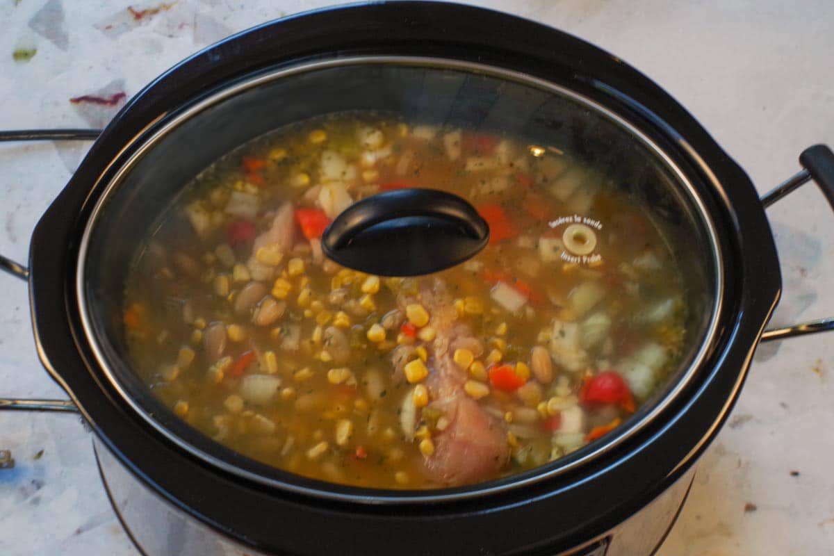 Lid on slow cooker and White Chicken Chili is ready to cook!