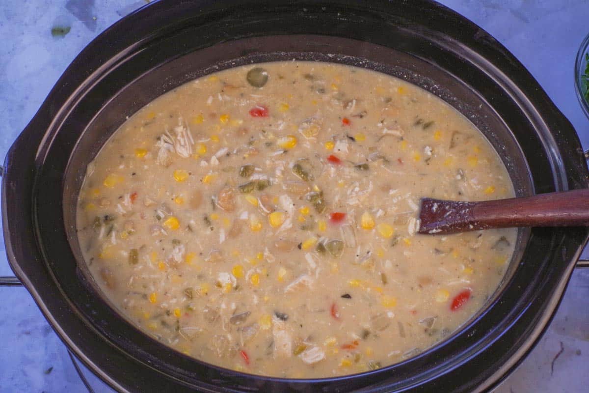 White Chicken Chili with cream cheese melted into it.
