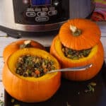 2 dinner in a pumpkins in front of a slow cooker
