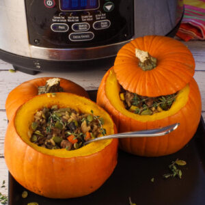 2 dinner in a pumpkins in front of a slow cooker
