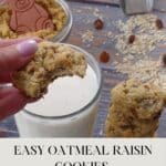 Easy Oatmeal Raisin cookies (made with quick oats) with a bite taken out of it, over a glass of milk.