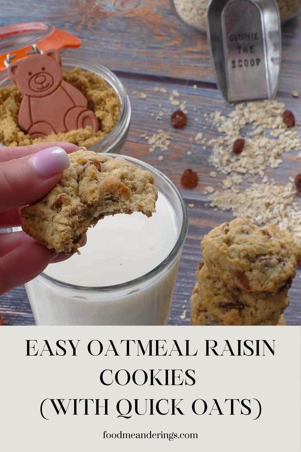 Easy Oatmeal Raisin cookies (made with quick oats) with a bite taken out of it, over a glass of milk.