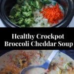 Healthy Crockpot Broccoli Cheddar soup being made in a slow cooker.