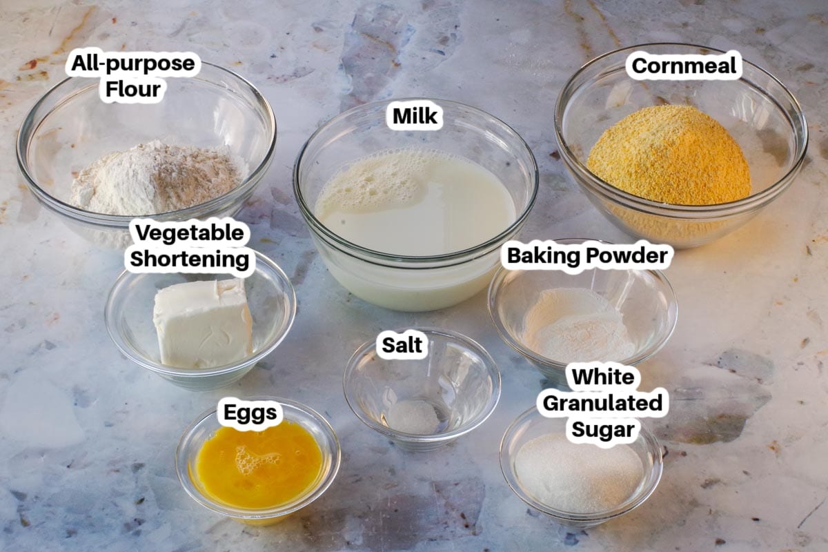 Ingredients needed for Old Fashioned Country Cornbread in glass bowls